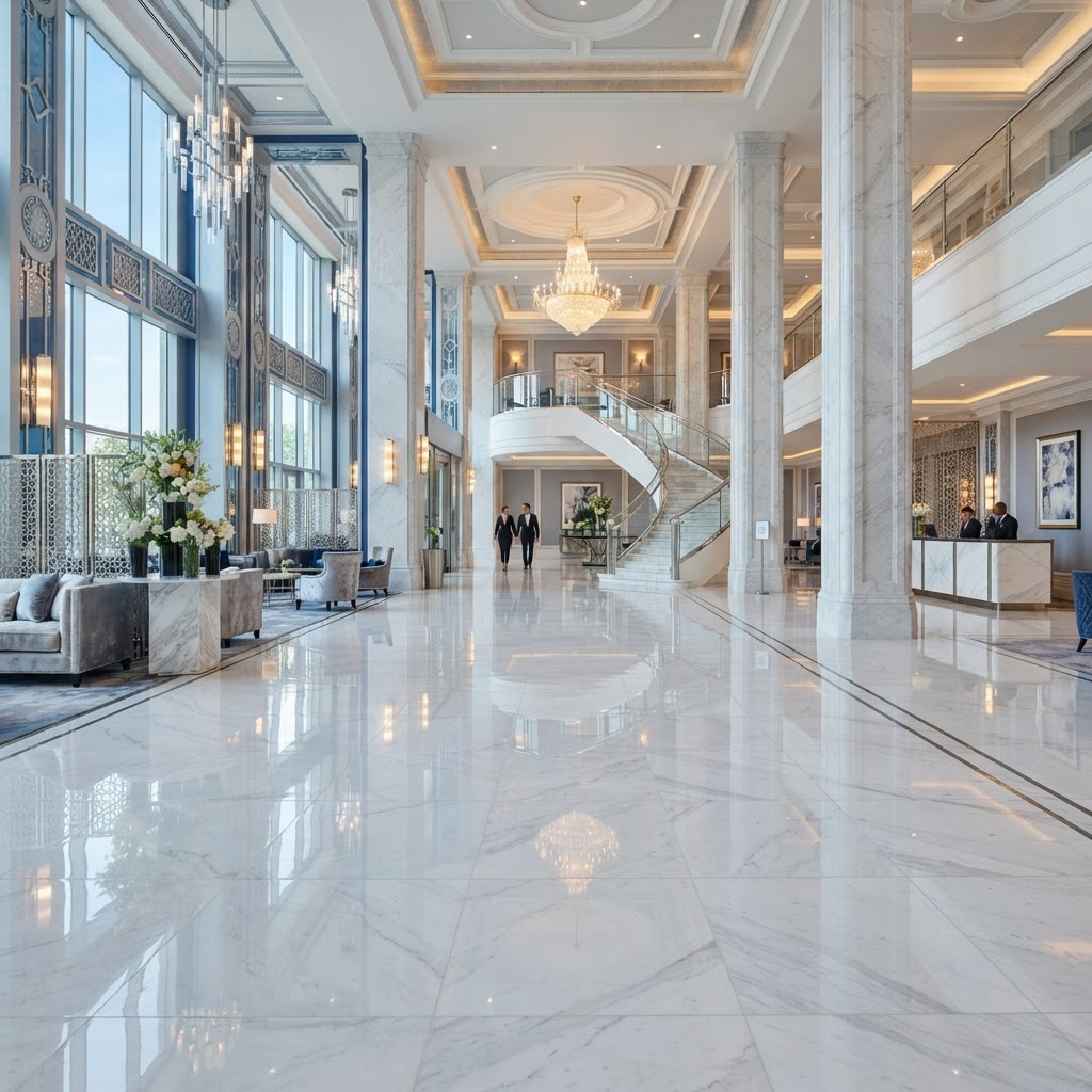 Polished marble floor in a luxury lobby