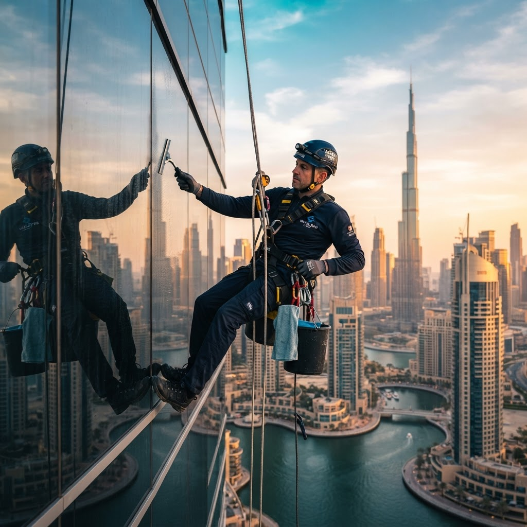 Zeabl professional cleaning a luxury glass tower facade in Dubai at golden hour