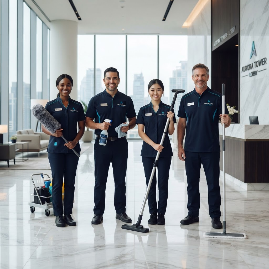 Zeabl professional cleaning team in modern navy uniforms at a luxury office lobby